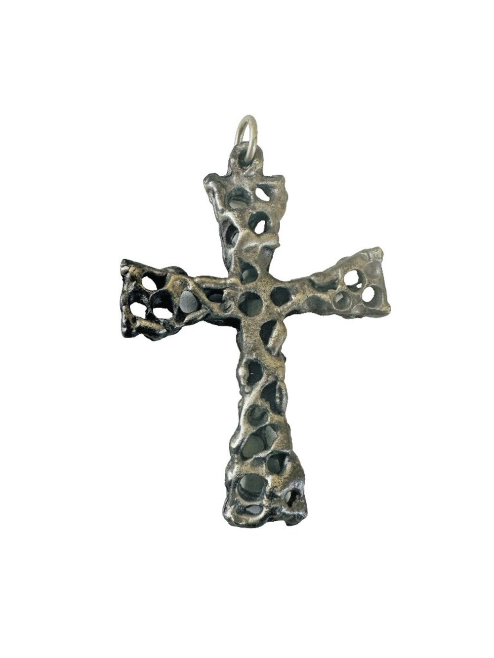 Pewter Open Hole Cross Pendant Modernist Metal Work Religious 2x1.5”